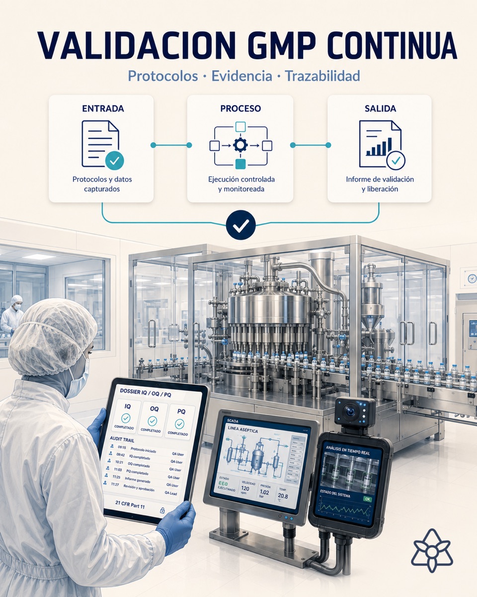 GMP pharmaceutical plant room with a process capsule, a QA manager reviewing the IQ/OQ/PQ dossier on screen and an electronic record signed under 21 CFR Part 11 — GMP validation with AI powered by iLEAN