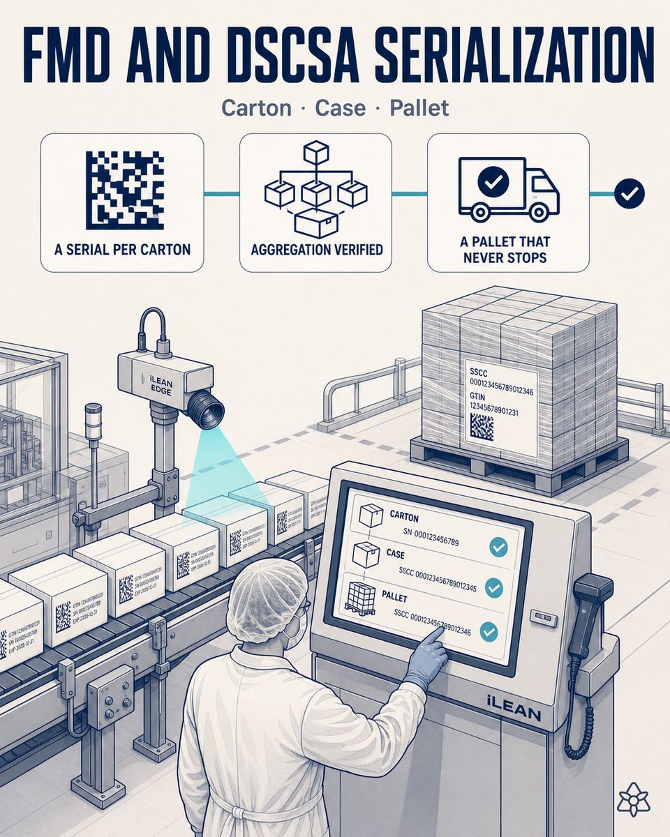 Pharma packaging line with an Edge camera reading the DataMatrix on every pack, a pallet aggregation terminal and an operator validating — FMD serialization with AI