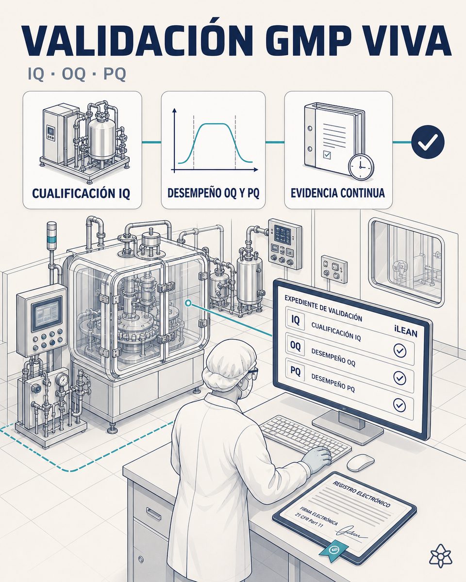 Sala de planta farmacéutica GMP con cápsula de proceso, responsable QA revisando dossier IQ/OQ/PQ en pantalla y registro electrónico con firma 21 CFR Part 11 — validación GMP con IA con iLEAN