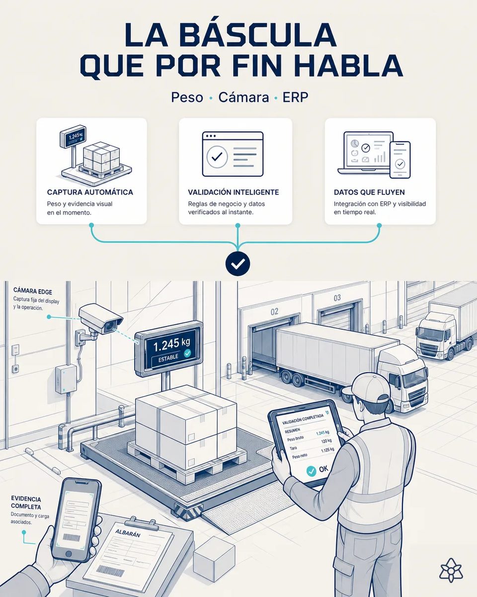 Cámara fija apuntando al display de una báscula de plataforma en el muelle de carga, con un palé pesado, camiones en los portones y un operario confirmando peso bruto, tara y neto en tableta