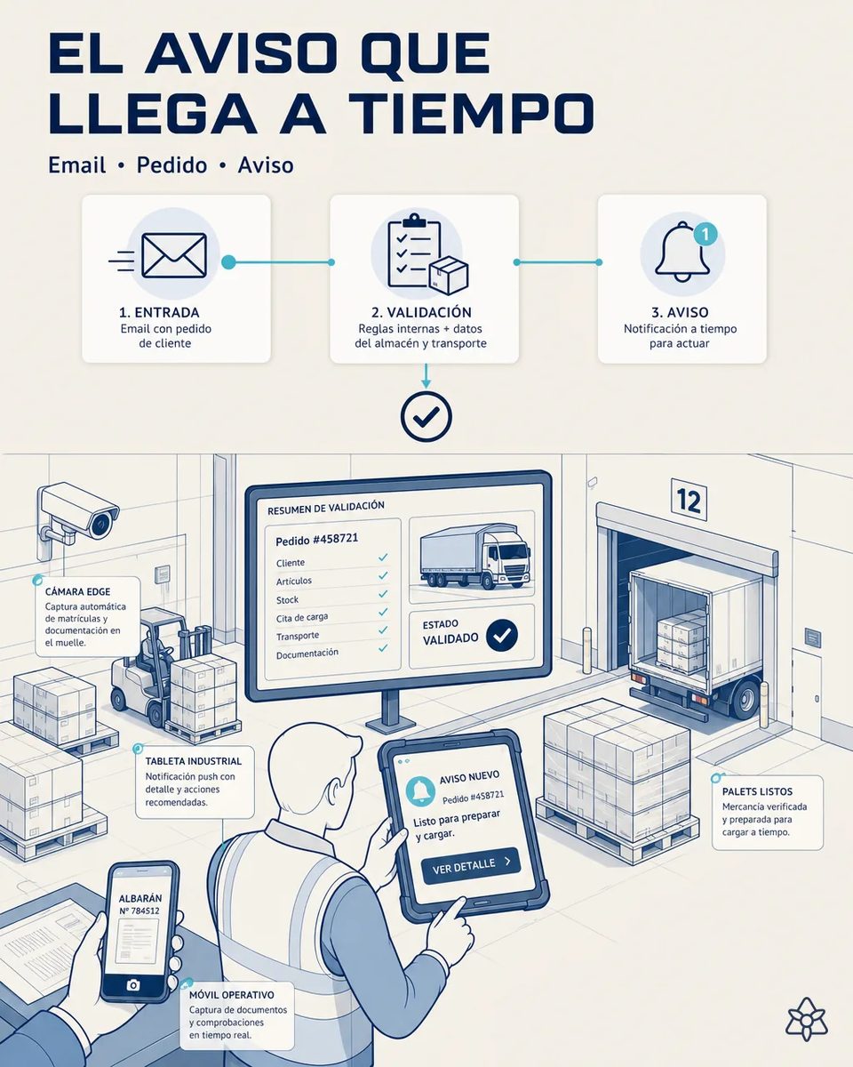 Jefe de expediciones recibiendo en una tableta industrial el aviso de un cambio de pedido, junto a un monitor con el resumen de validación del pedido y un camión cargando palés en el muelle