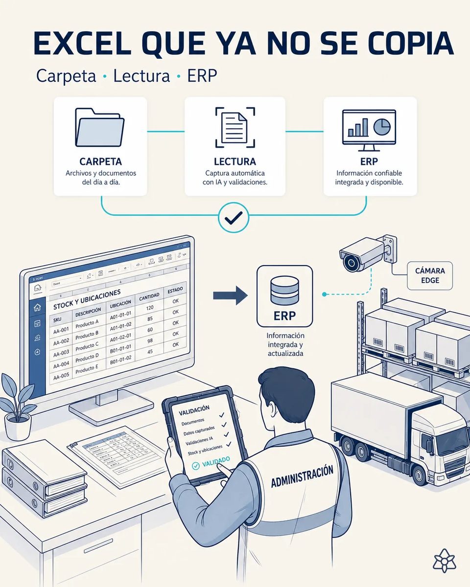 Responsable de administración validando en tableta la lectura de un Excel de stock y ubicaciones con SKU, ubicación y cantidad, junto a un monitor, el icono del ERP, estanterías y un camión