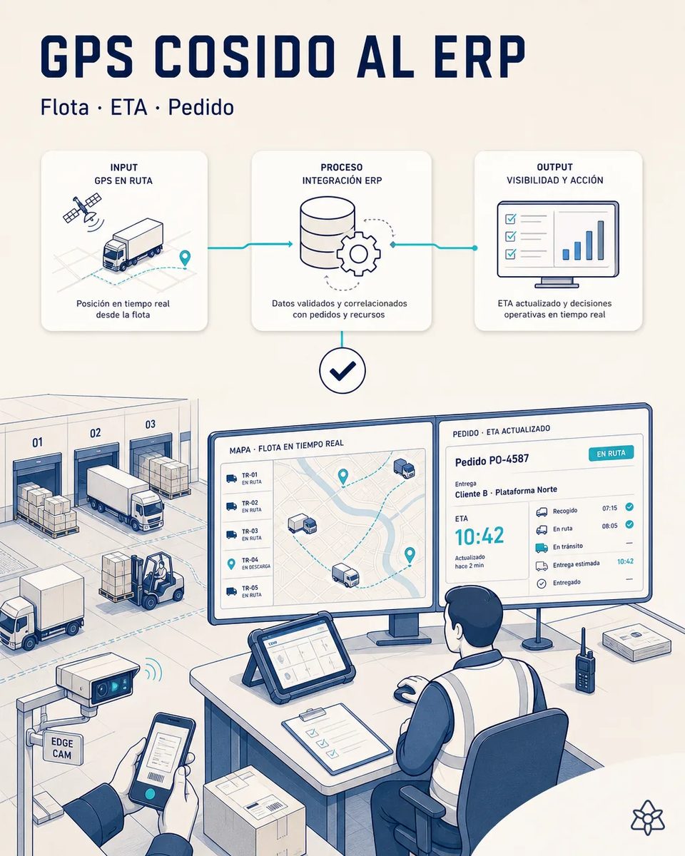 Despachador de tráfico ante dos monitores con el mapa de la flota en tiempo real y un pedido en ruta con su ETA actualizado, junto a camiones cargando en los muelles