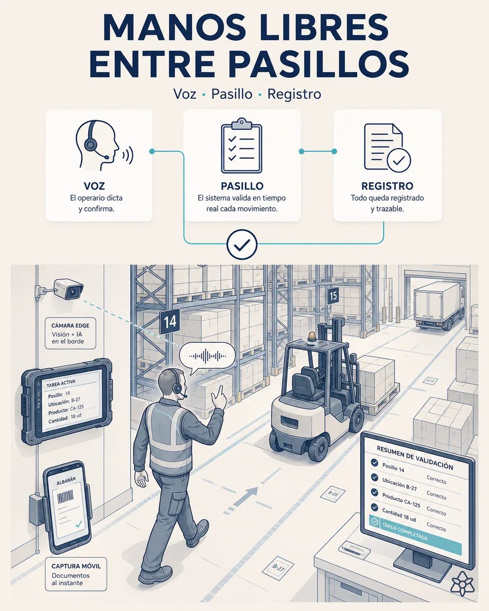 Encargado de almacén con pinganillo dictando una incidencia mientras camina por un pasillo de estanterías numeradas, con una carretilla elevadora cargada y un monitor mostrando el resumen de validación