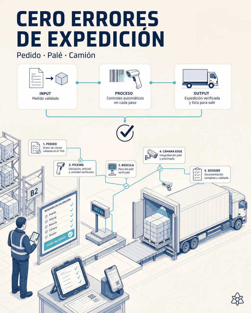 Jefe de expediciones ante un panel de validación con pedido, picking, báscula, cámara y dossier marcados como validados, mientras un palé pesado en báscula se carga en un camión por la rampa