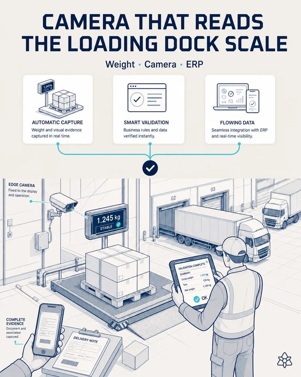 Fixed camera pointed at the display of a loading dock platform scale showing a stable pallet weight, with a dock worker checking gross, tare and net weight on a tablet next to a truck