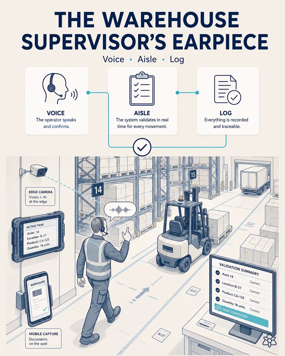 Warehouse supervisor with an earpiece walking along a marked aisle between pallet racking at locations 14 and 15, dictating while a forklift passes and a screen shows the validation summary