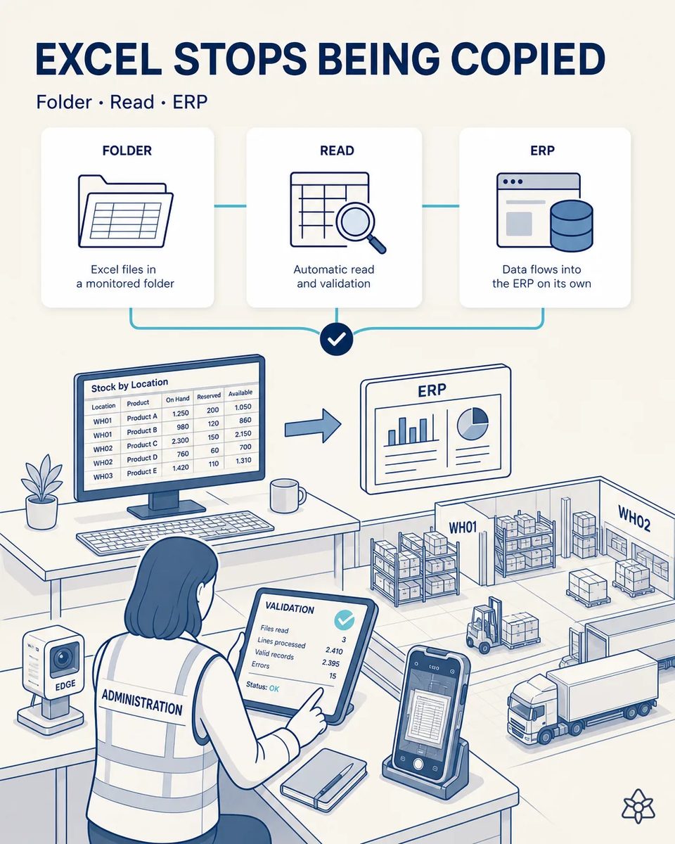 Administration staff member validating on a tablet the import of a stock by location spreadsheet into the ERP, with the warehouse zones WH01 and WH02 and trucks drawn behind