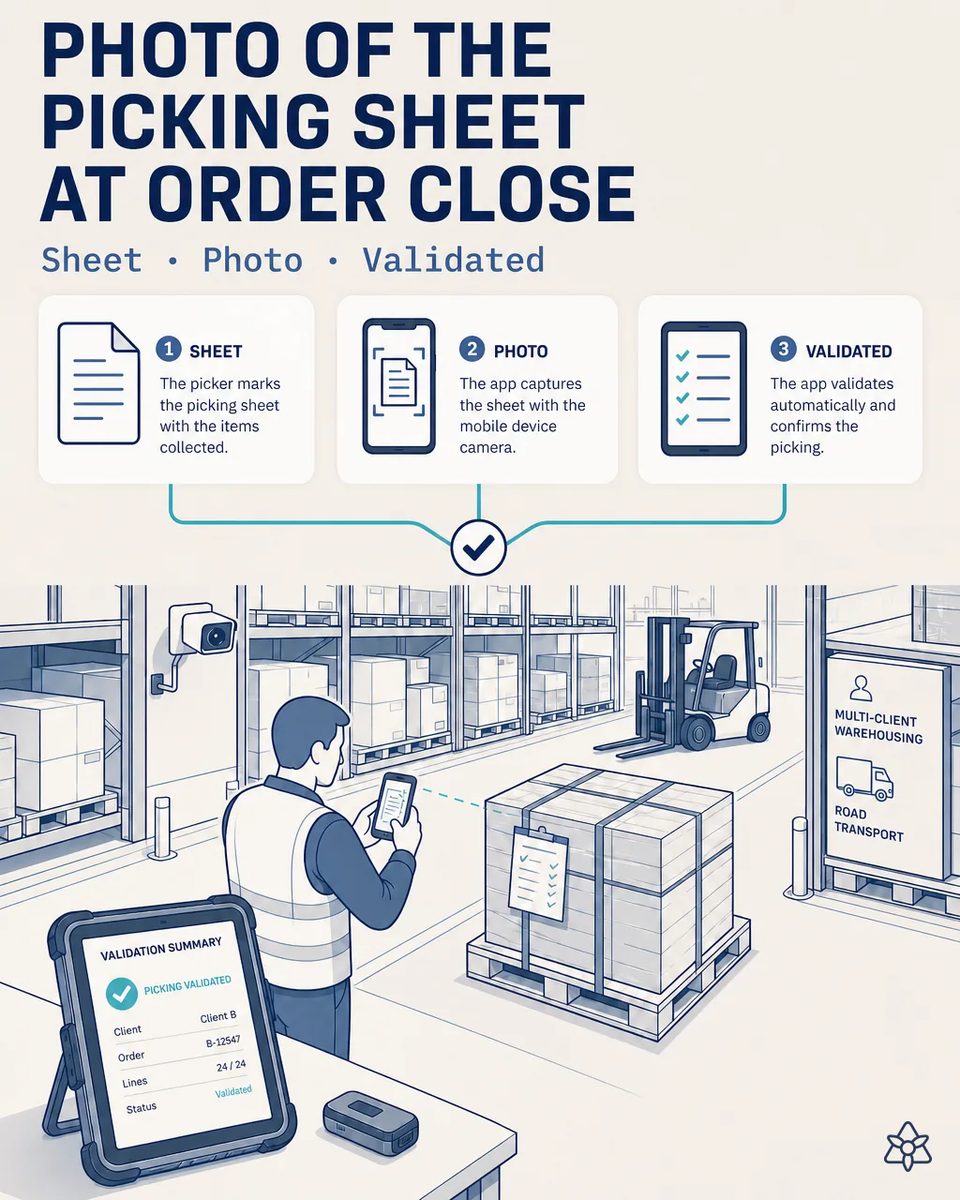 Picker in a high-visibility vest photographing with a phone the picking sheet clipped to a strapped pallet, with racking and a forklift behind and a tablet showing the order validated