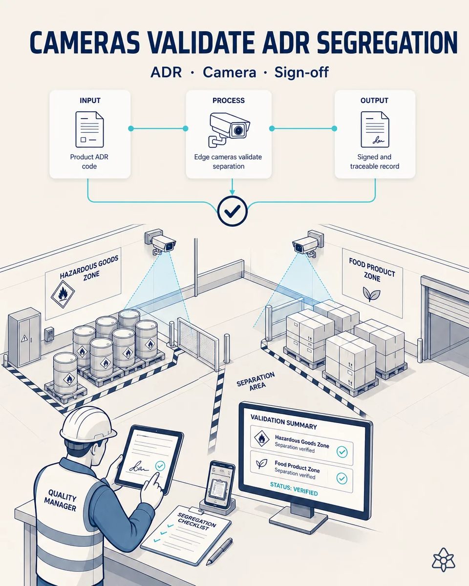 Two ceiling cameras covering a hazardous goods zone with drums and a food product zone with pallets, separated by a marked area, while a quality manager signs off on a tablet