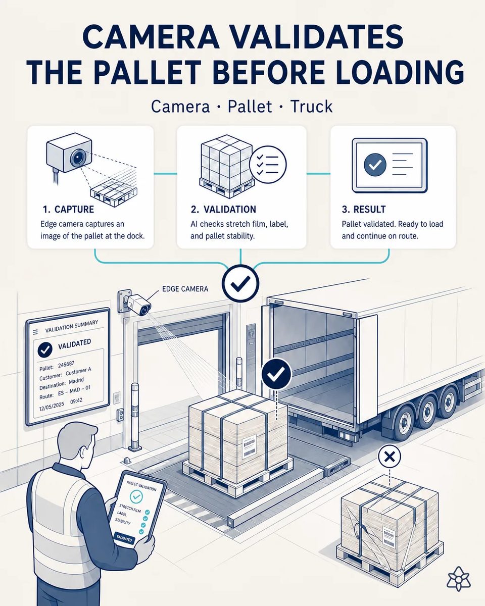 Edge camera above a shipping dock door inspecting a strapped pallet before loading into a trailer, with a worker holding a tablet that confirms stretch film, label and stability, and a rejected pallet
