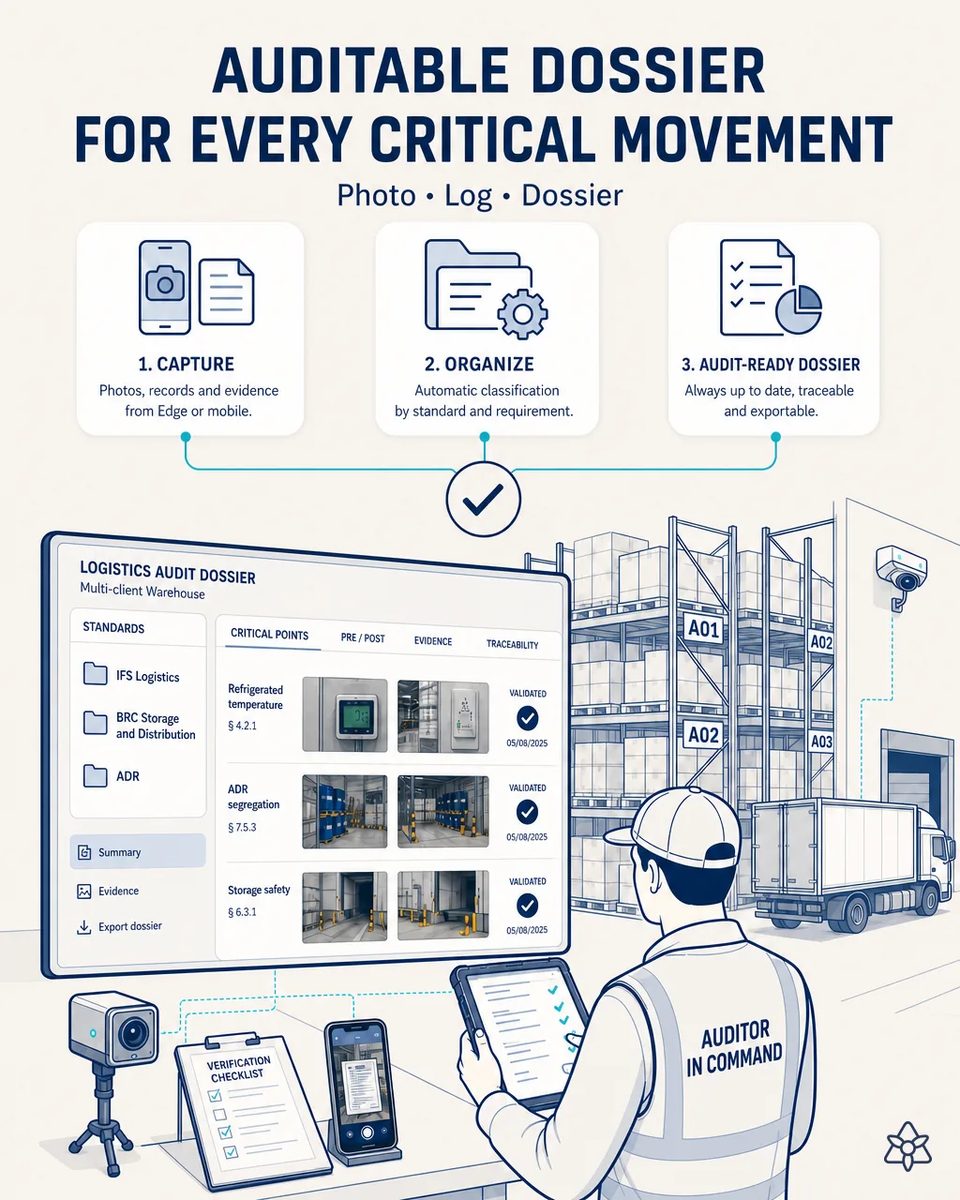 Auditor with a tablet in front of a logistics audit dossier on screen with folders for IFS Logistics, BRC Storage and Distribution and ADR, and validated photos of critical points, beside pallet racking