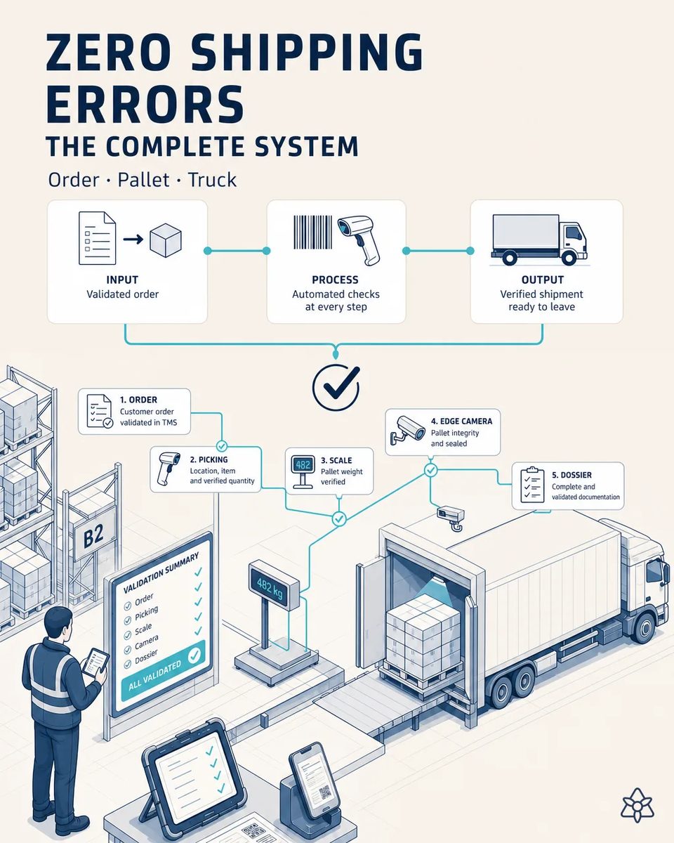 Shipping lead with a tablet next to a validation board showing order, picking, scale, camera and dossier all validated, while a pallet weighed at 482 kg is loaded into a trailer at the dock