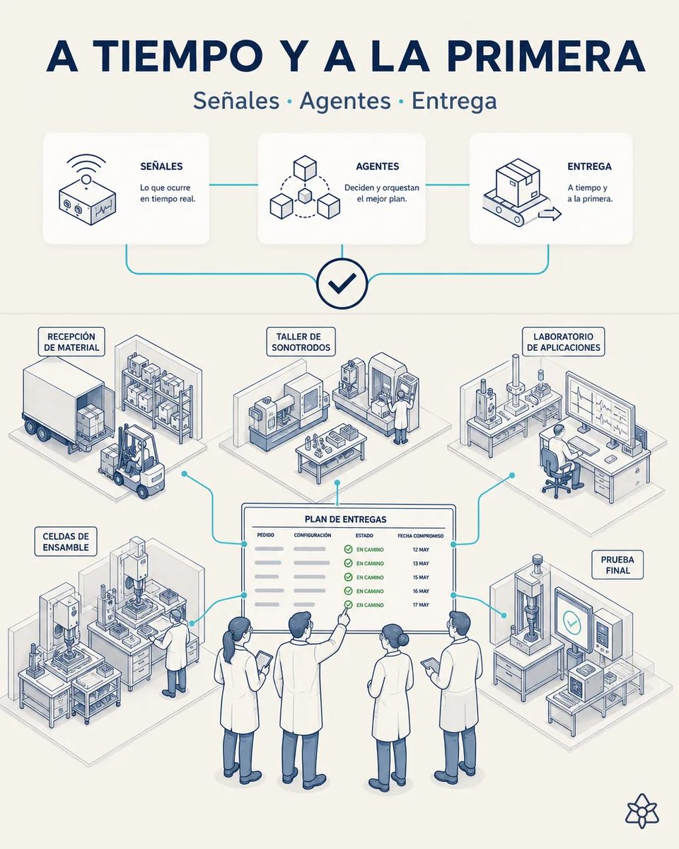 Equipo de operaciones ante un plan de entregas por pedido y configuración, conectado con recepción de material, taller de sonotrodos, laboratorio de aplicaciones, celdas de ensamble y prueba final