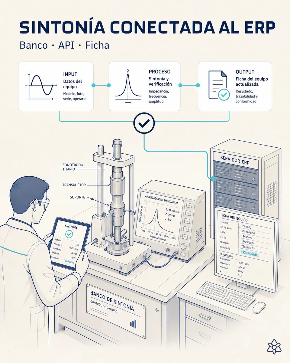 Técnico con tableta junto al banco de sintonía con sonotrodo de titanio y transductor montados, un analizador de impedancia mostrando la curva de resonancia y la ficha del equipo actualizada en el servidor ERP