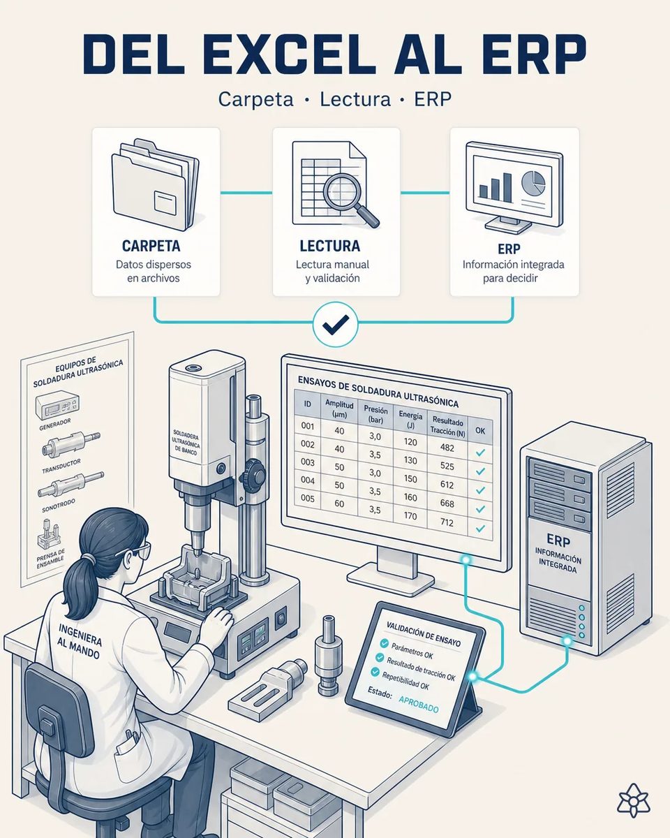 Ingeniera del laboratorio de aplicaciones en una soldadora ultrasónica de banco junto a una pantalla con la tabla de ensayos de amplitud, presión, energía y tracción, conectada al ERP mediante una tableta de validación