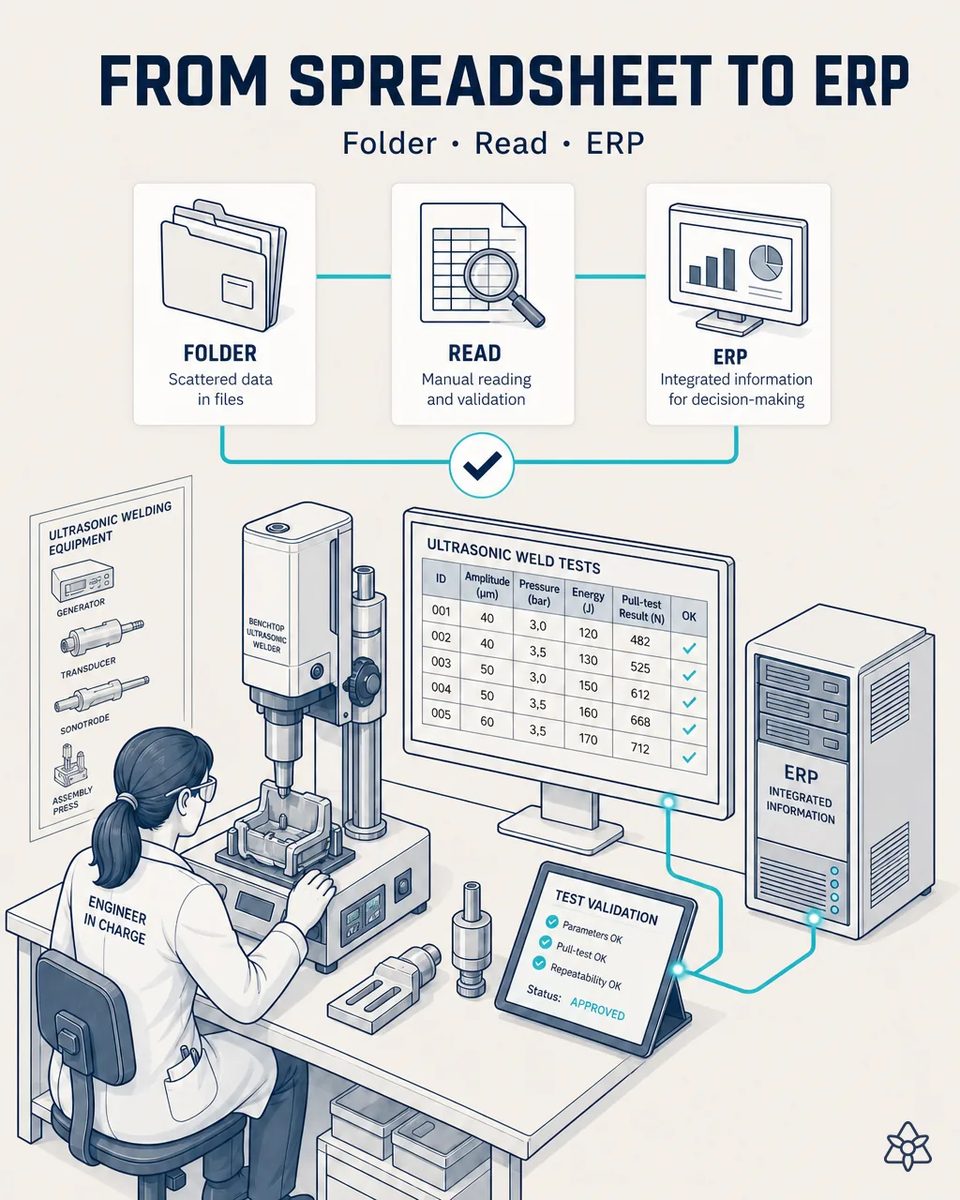 Applications engineer at a benchtop ultrasonic welder with a monitor showing weld test rows of amplitude, pressure, energy and pull-test result, and a tablet showing the test approved before it goes to the ERP