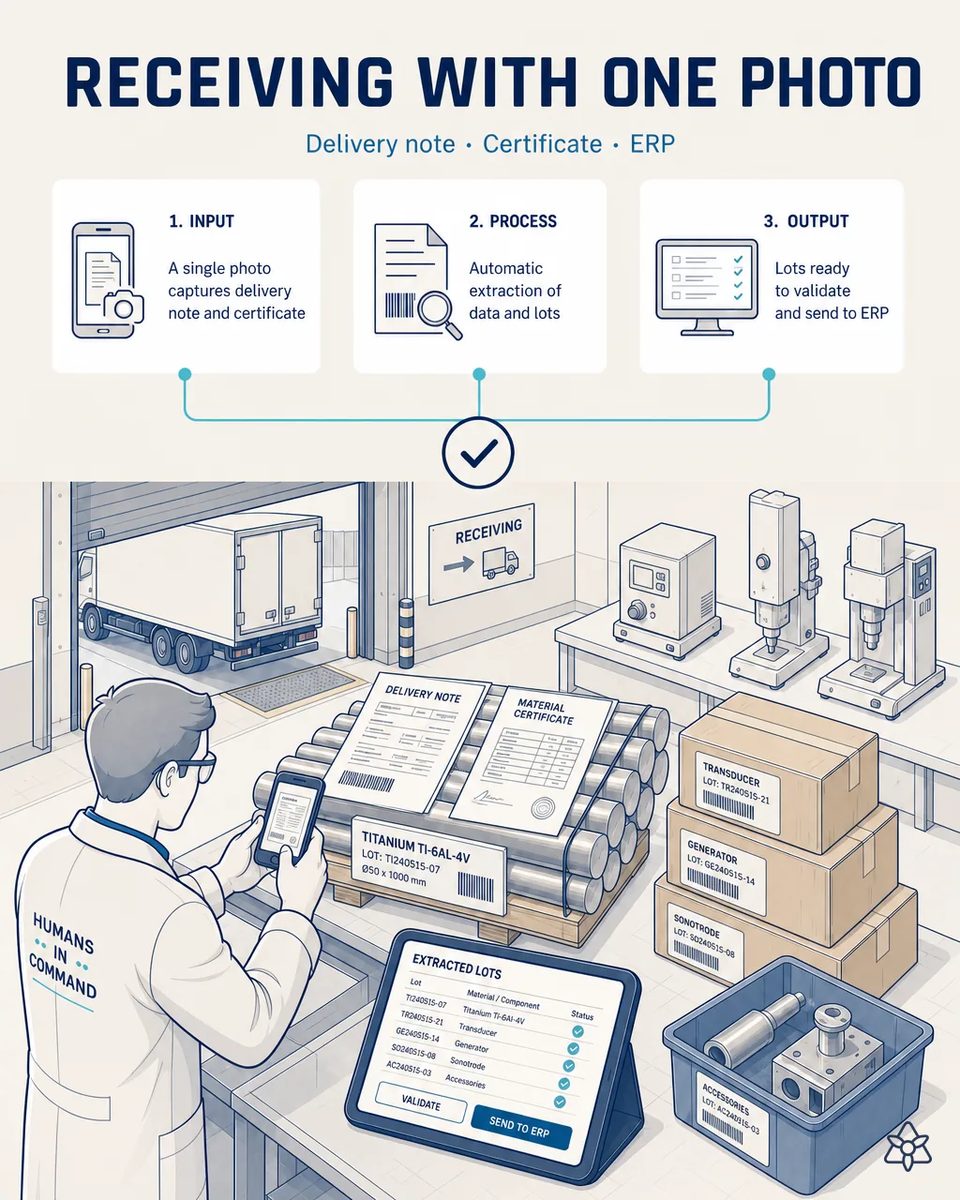 Receiving clerk photographing the delivery note and material certificate on a pallet of titanium Ti-6Al-4V bars, beside labeled boxes of transducers, generators and sonotrodes and a tablet listing extracted lots