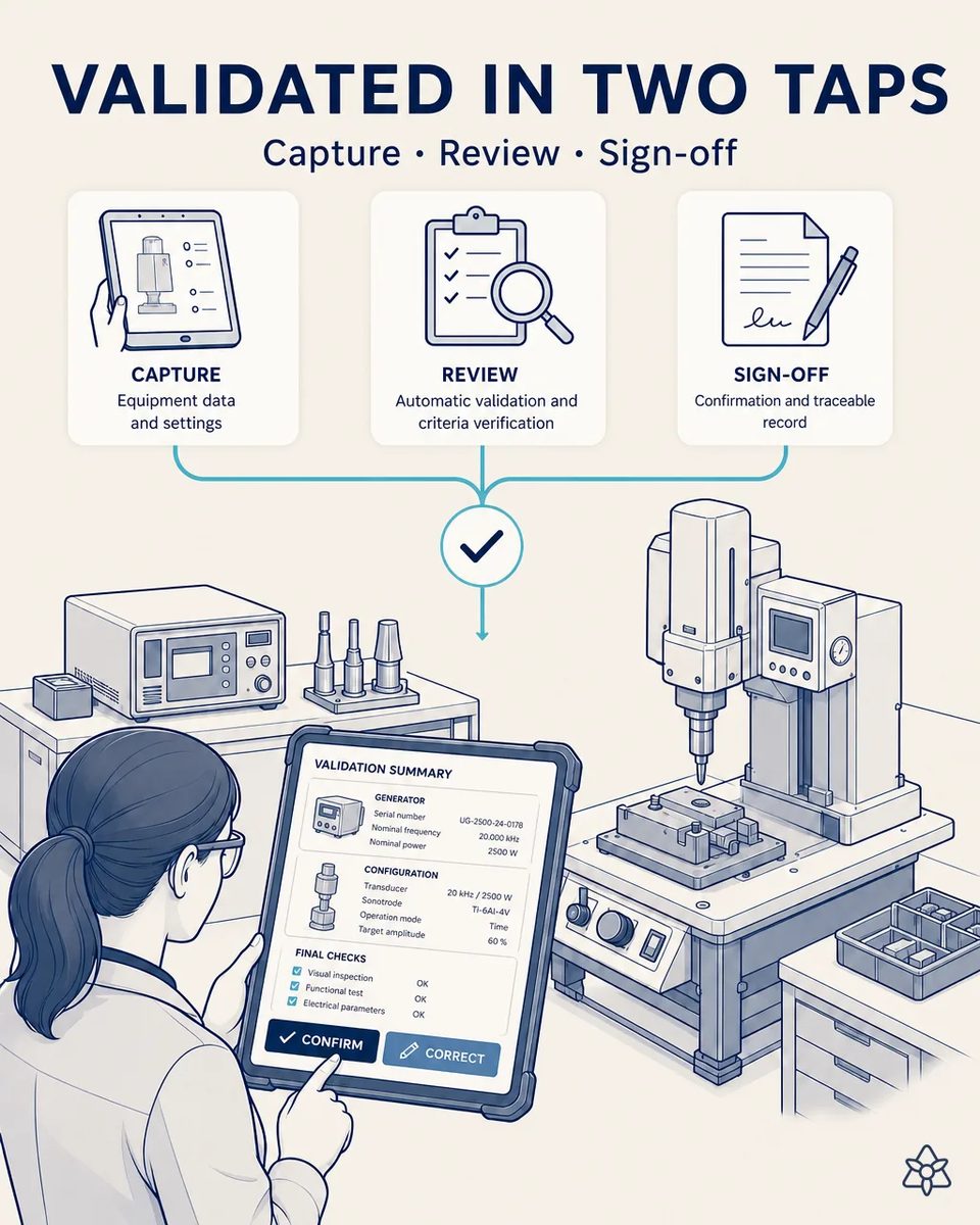 Technician at an ultrasonic press station holding a tablet with a validation summary of generator serial, nominal frequency, transducer and sonotrode configuration, with confirm and correct buttons