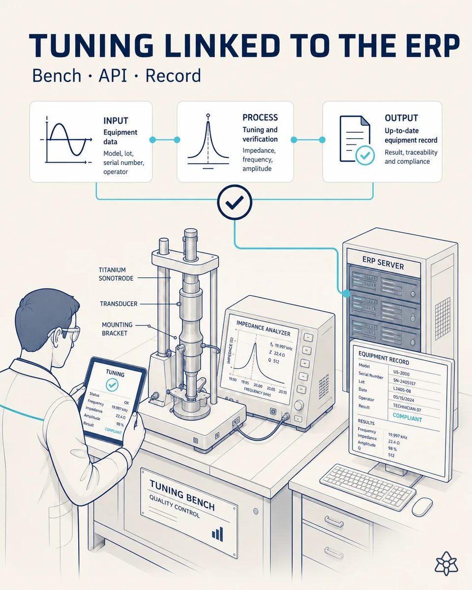 Technician at a tuning bench holding a tablet with frequency, impedance and amplitude results, next to a titanium sonotrode and transducer stack, an impedance analyzer curve and an ERP equipment record
