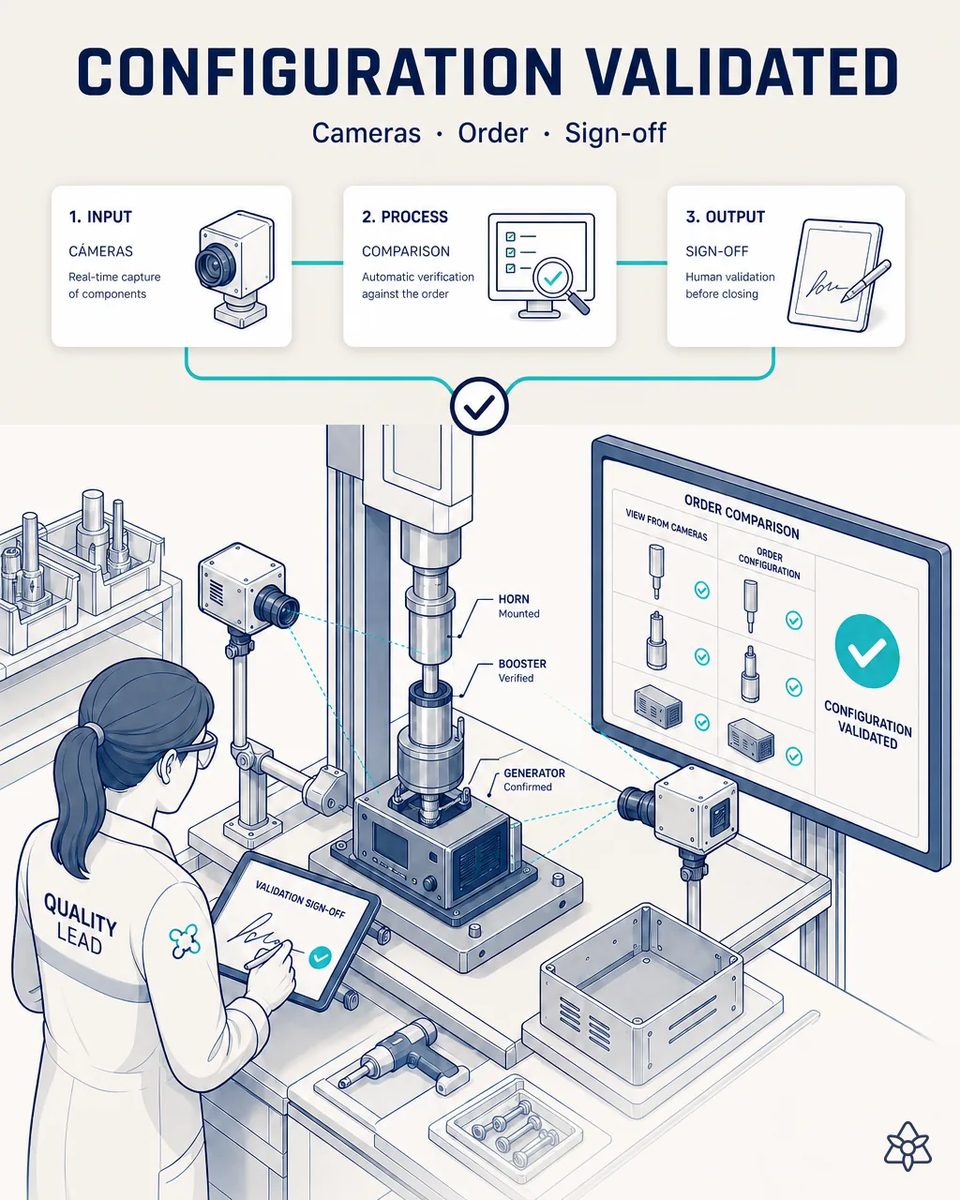 Quality lead signing on a tablet beside an ultrasonic press while cameras check the mounted horn, booster and generator, and a monitor compares the camera view with the order configuration