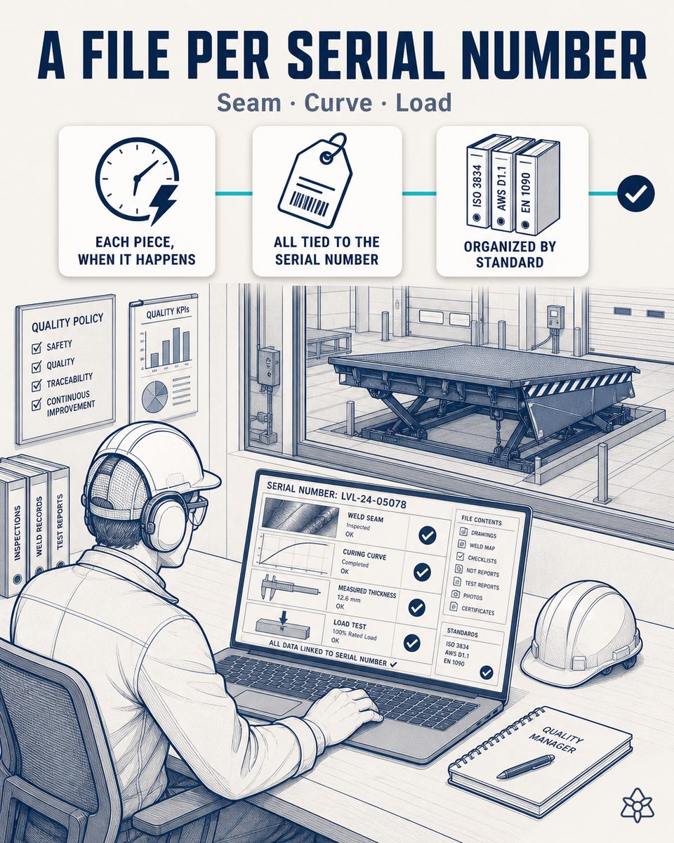 Quality manager of a dock equipment plant reviewing in the portal a unit's conformity file with the seam image, curing curve, measured thickness and load test