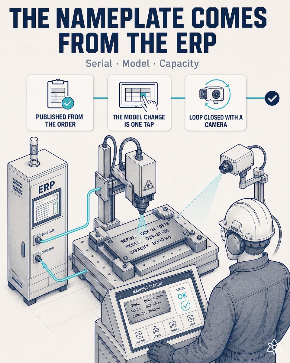 Nameplate marker of a dock equipment plant engraving serial number, model and rated capacity received automatically from the ERP's active order via iLEAN Connect