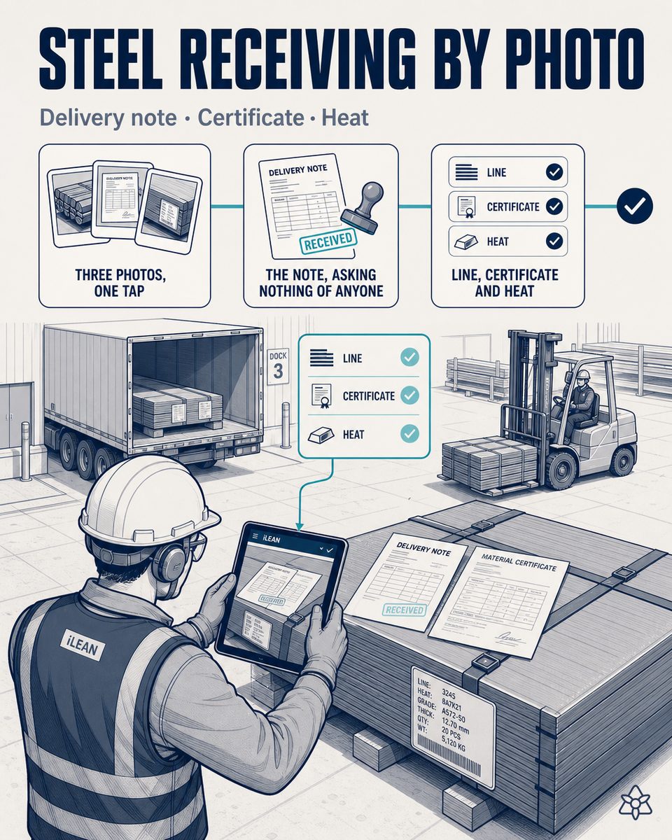 Receiving manager of a dock equipment plant photographing the delivery note, the material certificates and the sheet package labels with the tablet, while iLEAN Connect pairs each line with its heat