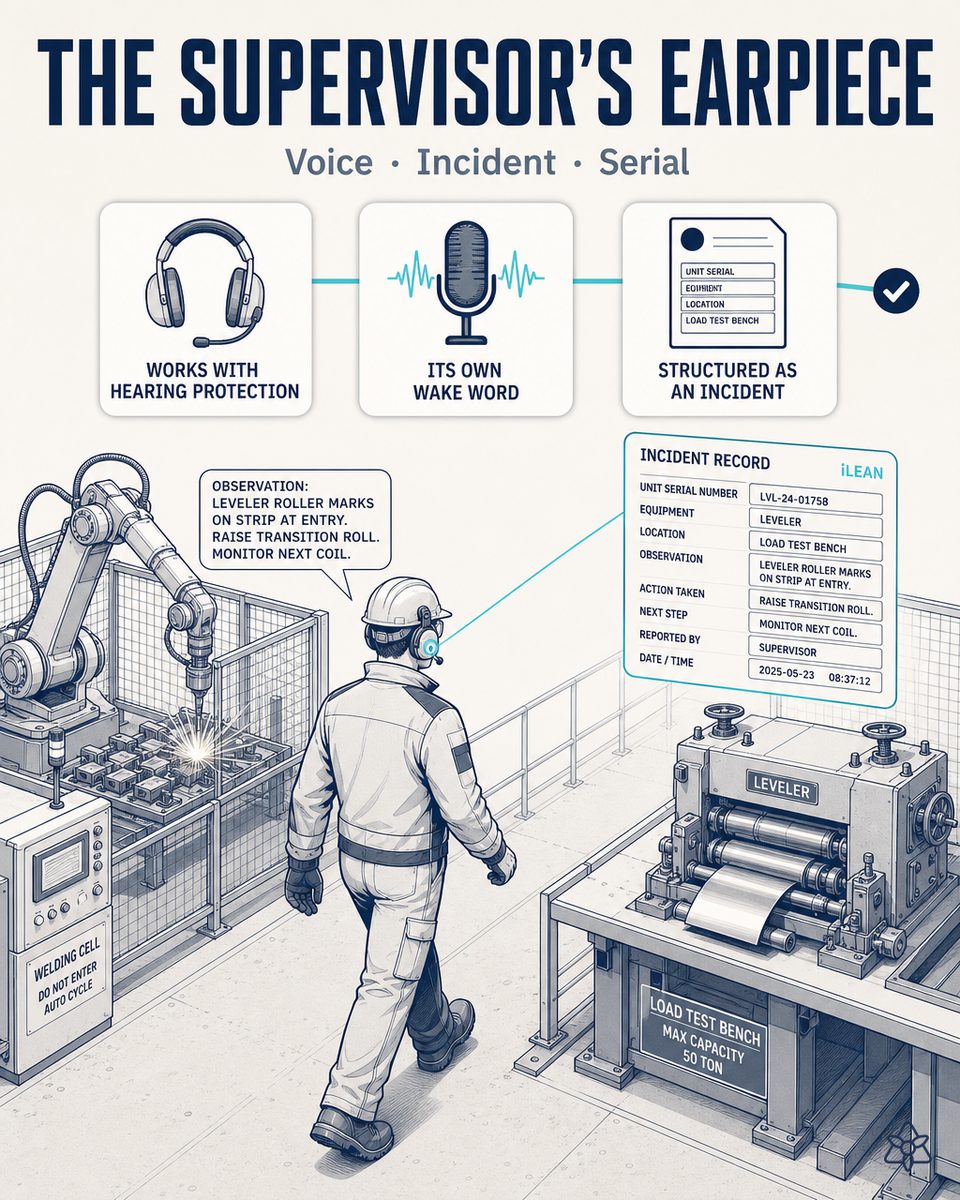 Supervisor of a dock equipment plant walking between the welding cell and the load test bench with an earpiece, dictating an incident that iLEAN Connect ties to the cell and the serial number