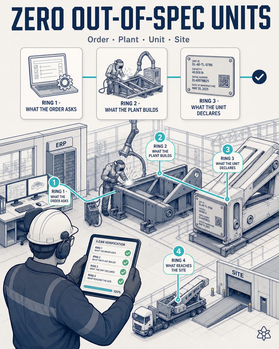 Control room of a dock equipment plant with the four iLEAN verification rings cross-checked over a unit, from the configured order to the file that releases the shipment