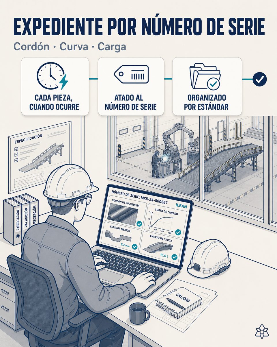 Responsable de calidad de una planta de equipamiento de muelle revisando en el portal el expediente de conformidad de una unidad con imagen del cordón, curva de curado, espesor medido y prueba de carga