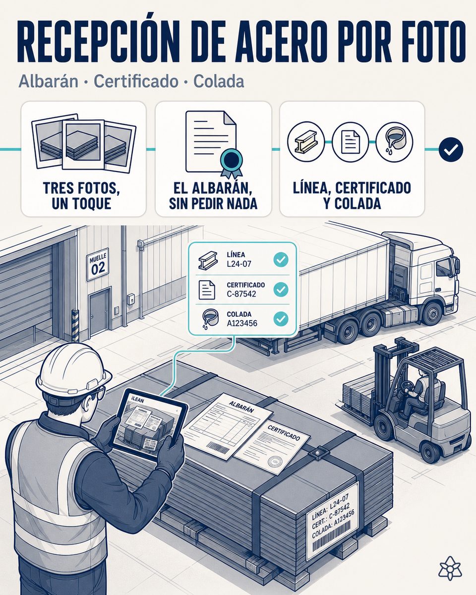 Jefe de recepción de una planta de equipamiento de muelle fotografiando con la tableta el albarán, los certificados de material y las etiquetas de los paquetes de chapa, mientras iLEAN Connect empareja cada línea con su colada