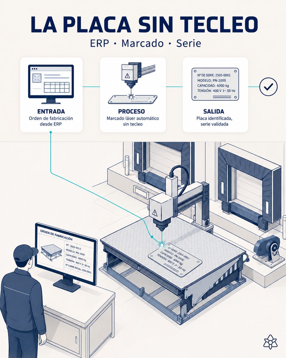 Marcadora de placas de una planta de equipamiento de muelle grabando número de serie, modelo y capacidad nominal recibidos automáticamente desde la orden activa del ERP vía iLEAN Connect