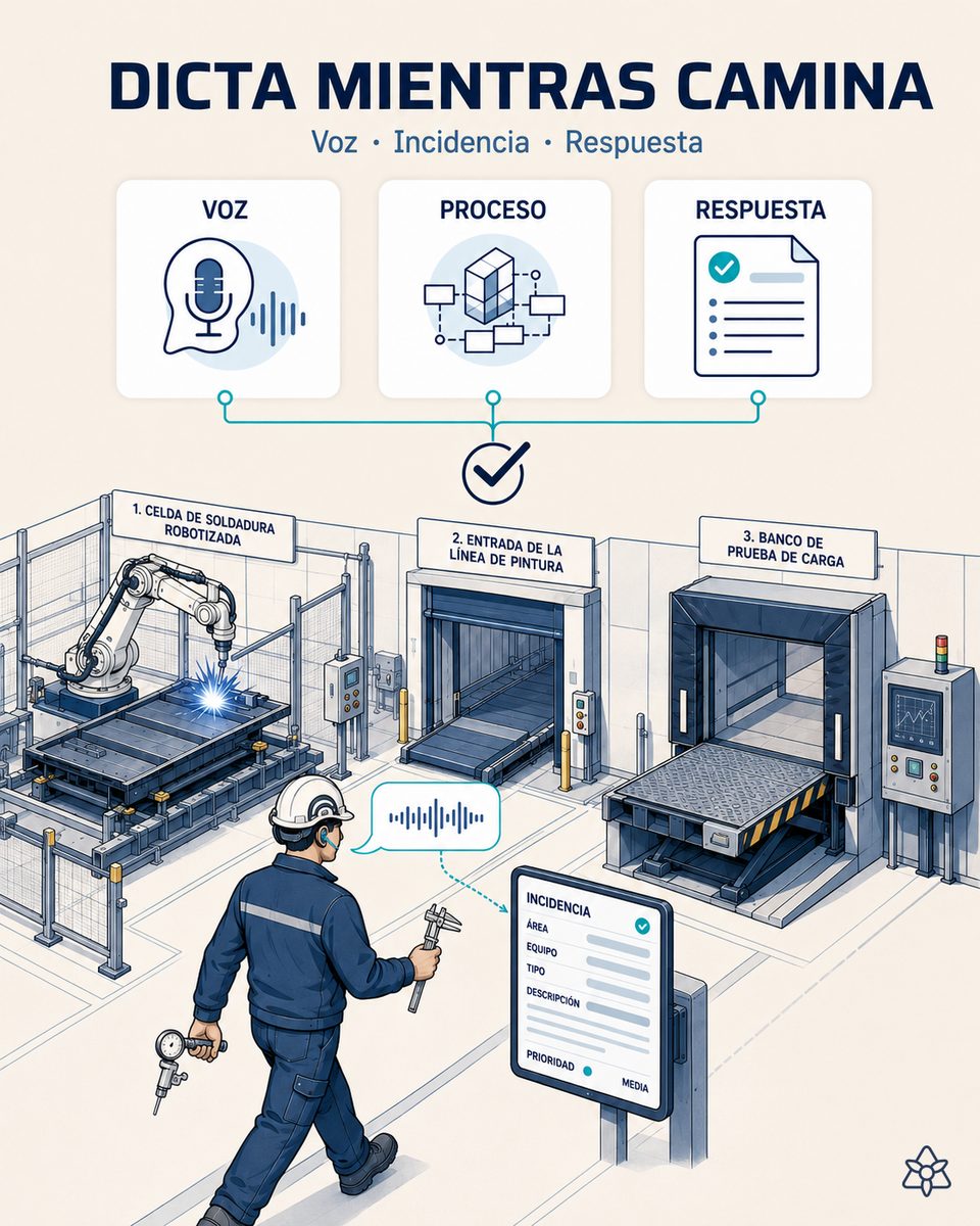 Supervisor de una planta de equipamiento de muelle caminando entre la celda de soldadura y el banco de prueba de carga con pinganillo, dictando una incidencia que iLEAN Connect ata a la celda y al número de serie