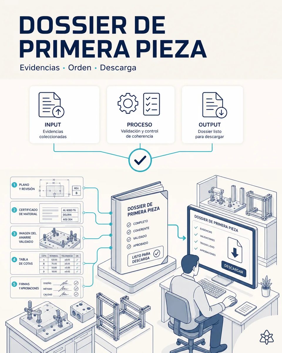 Responsable de calidad descargando el dossier de primera pieza de un utillaje, con la revisión de plano, el certificado de colada, las cotas y las firmas ya reunidas