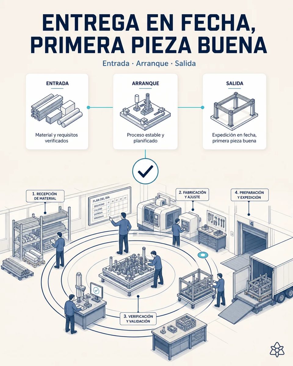 Bastidor soldado terminado saliendo de un taller de utillaje con su dossier de entrega, junto al panel que muestra el estado de los proyectos y sus fechas comprometidas