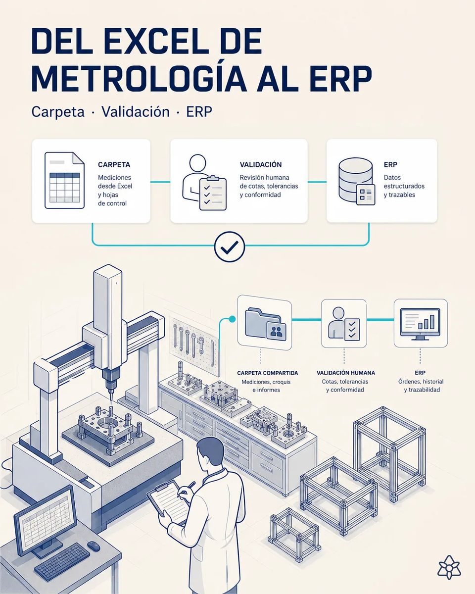 Técnico de calidad midiendo un fixture en la máquina de coordenadas junto al ordenador donde el reporte dimensional se rellena en Excel