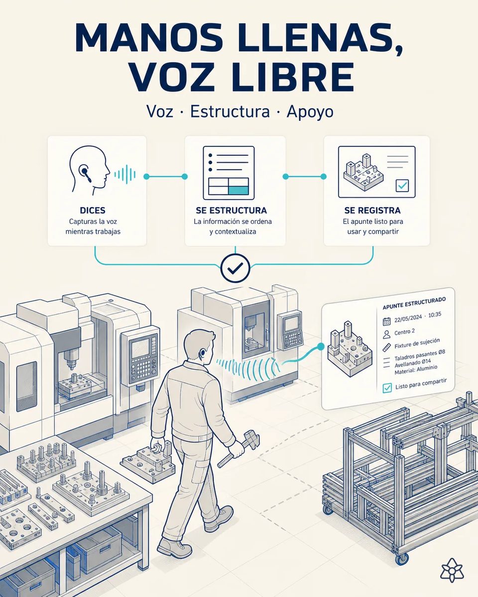 Jefe de taller caminando entre centros de mecanizado con pinganillo, dictando una incidencia sobre el acabado de una máquina mientras sostiene un fixture