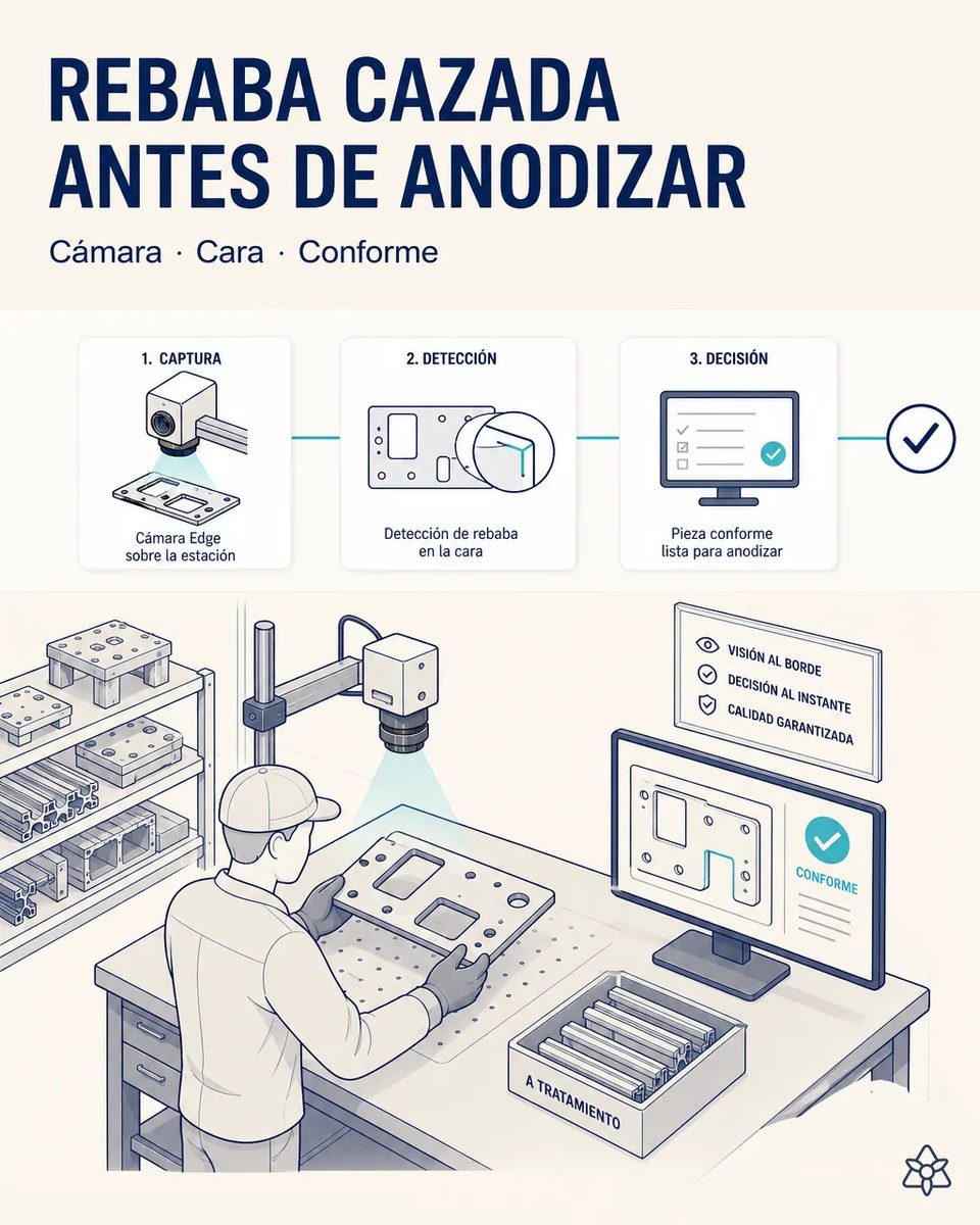 Cámara Edge sobre el banco de rebabado revisando la arista interior de una placa mecanizada, con la zona defectuosa señalada en la pantalla antes del embalaje al tratamiento