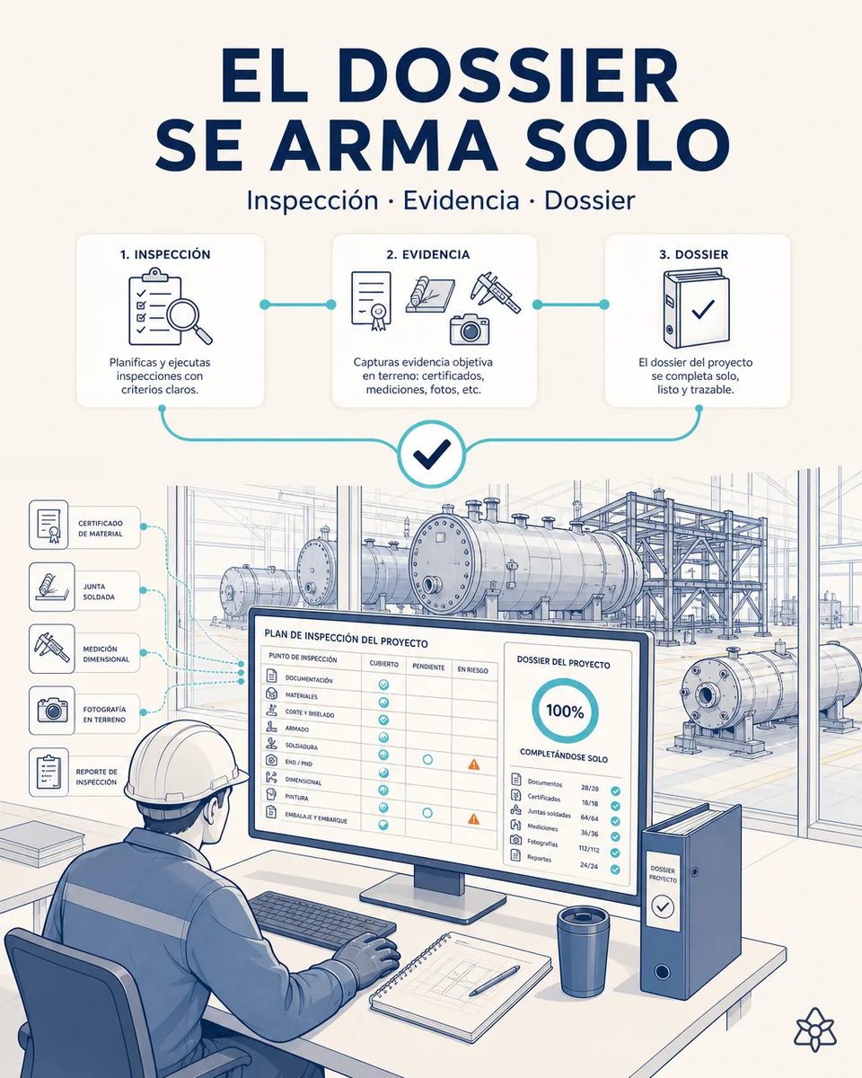 Responsable de calidad ante una pantalla con el plan de inspección de un proyecto de recipientes, puntos cubiertos, pendientes y en riesgo, y el dossier completándose solo junto a la nave
