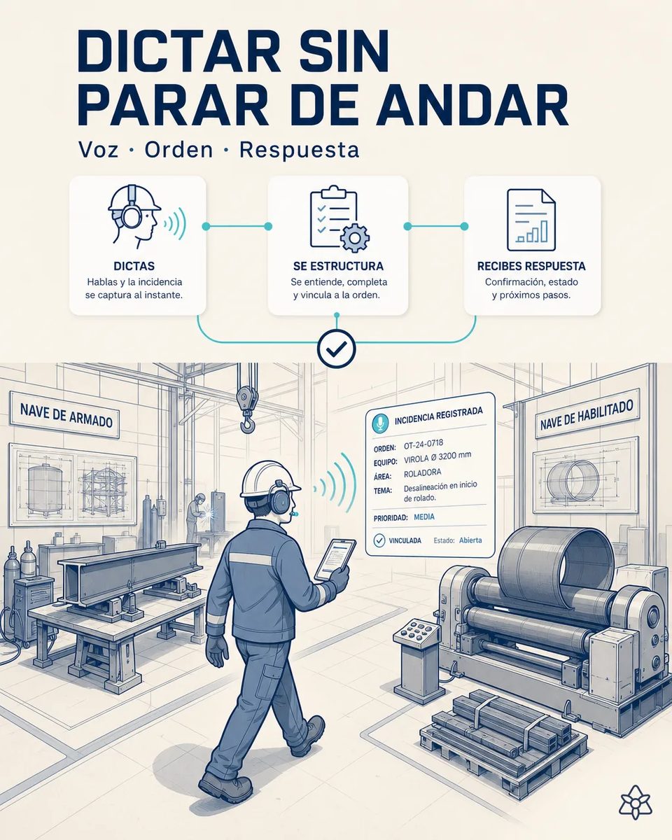 Jefe de taller con casco y auricular caminando con una tableta entre la nave de armado y la roladora de placa, con una incidencia de virola registrada por voz en pantalla
