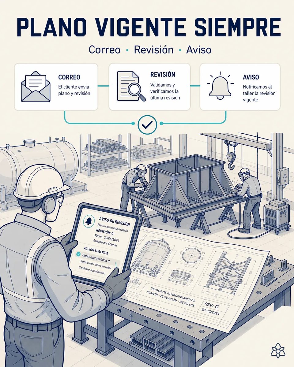Jefe de taller con casco y protectores auditivos leyendo en una tableta un aviso de revisión C de un plano de tanque de almacenamiento, con dos soldadores armando una tolva al fondo