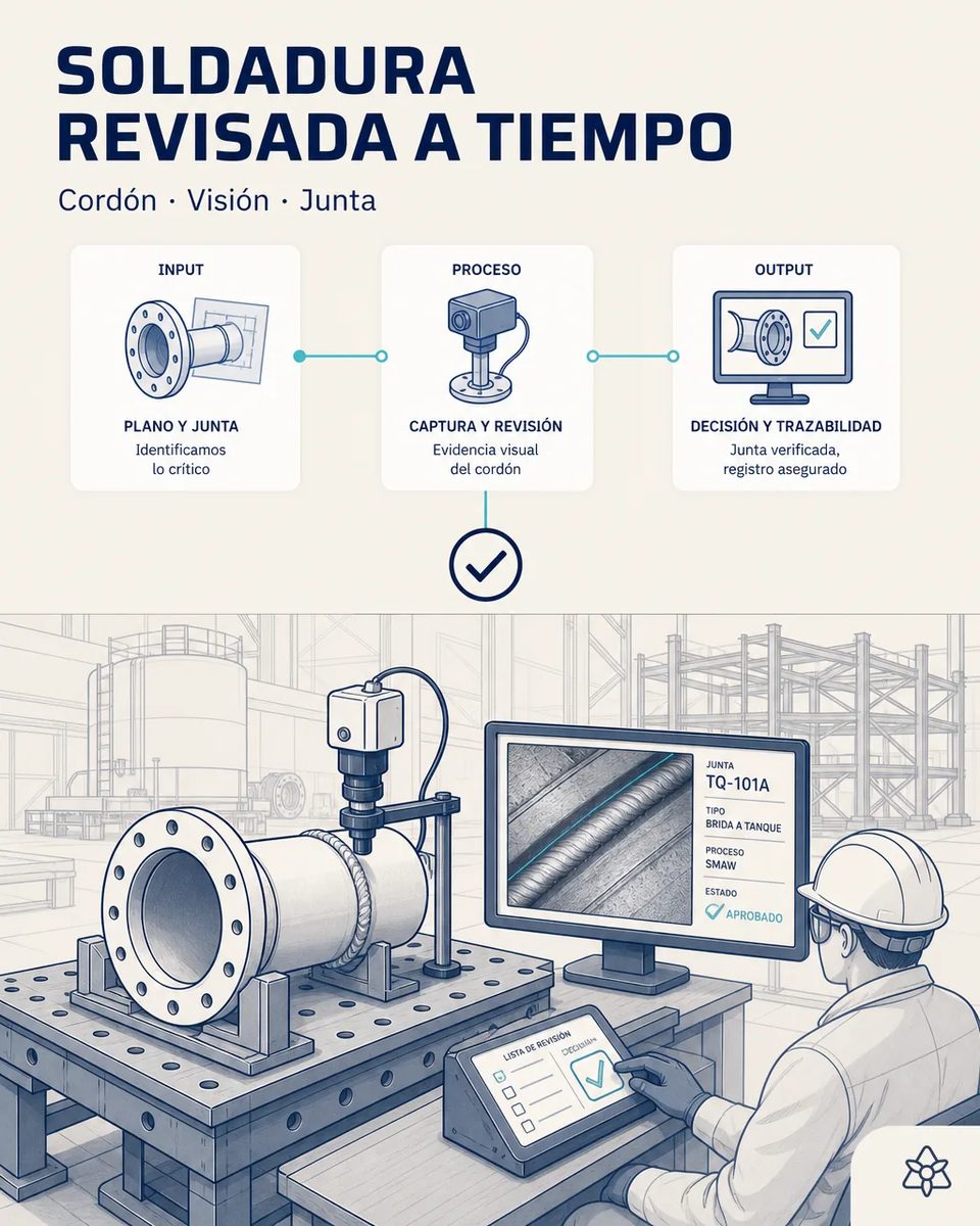 Cámara Edge sobre un banco de inspección apuntando al cordón de soldadura de una brida a tubo, con la junta ampliada en pantalla y el inspector confirmando la decisión en una tableta