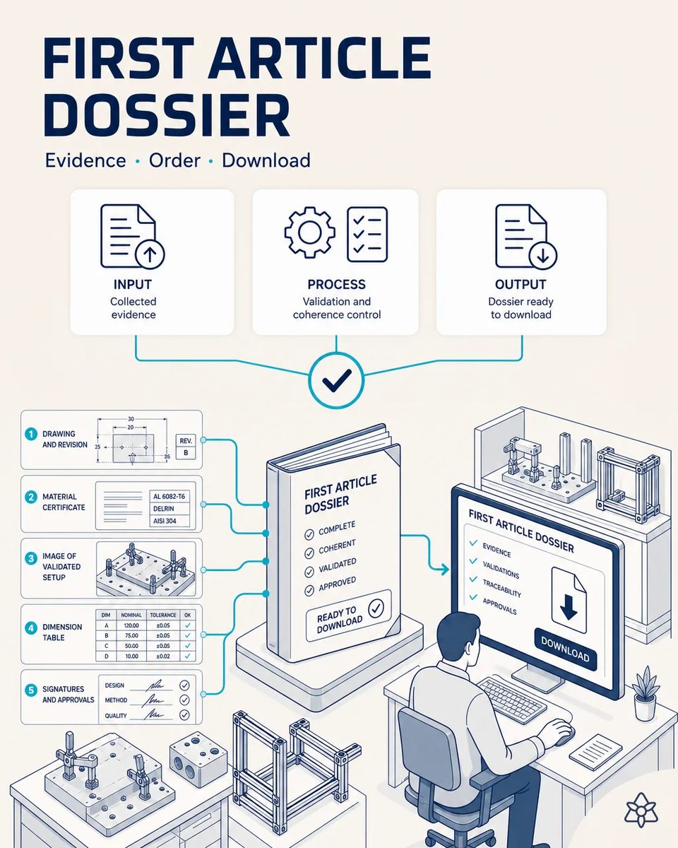 Quality lead downloading the first article dossier for a fixture, with the drawing revision, the heat certificate, the dimensions and the signatures already gathered