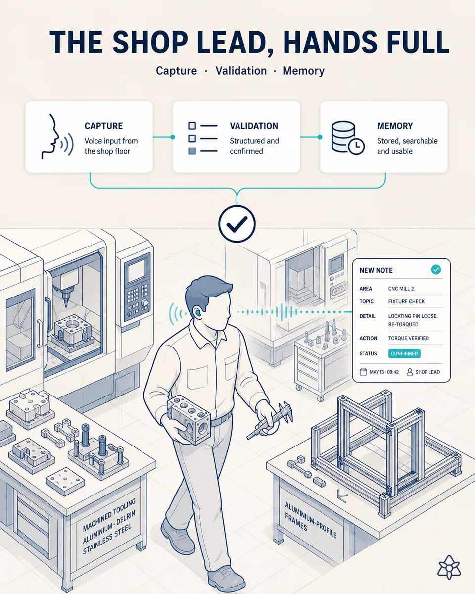 Shop lead walking between machining centers with an earpiece, dictating an incident about a machine's finish while holding a fixture