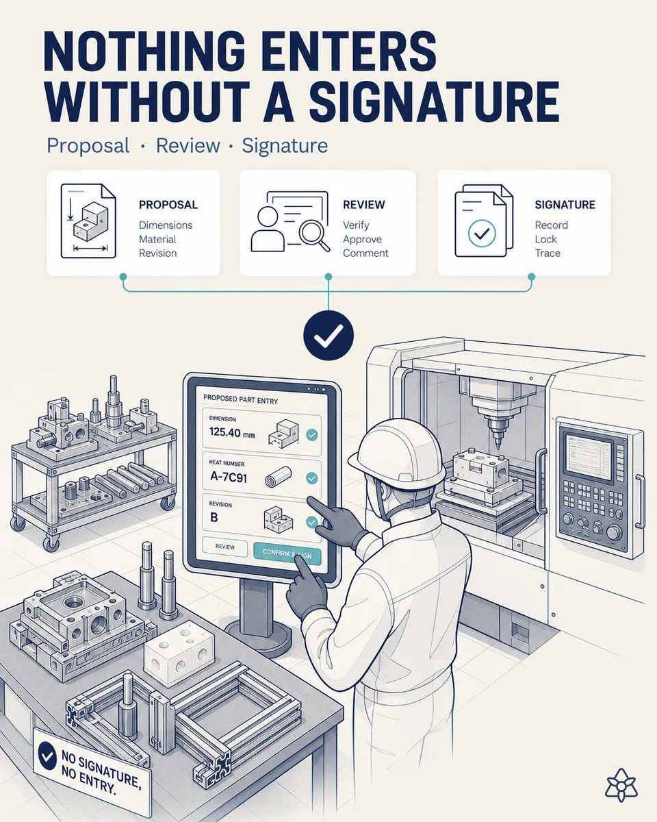 Industrial tablet at the machine showing large cards with the field, the read value and its confidence level, with the operator validating in two taps