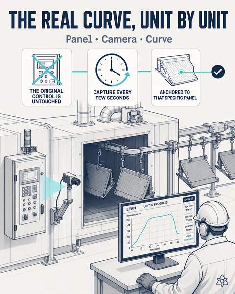 iLEAN Connect camera reading the curing oven's proprietary panel on the powder coating line