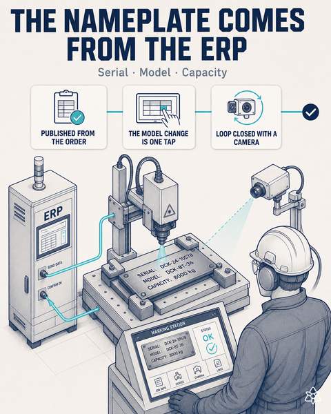 Nameplate marker engraving serial, model and capacity from the ERP's active order
