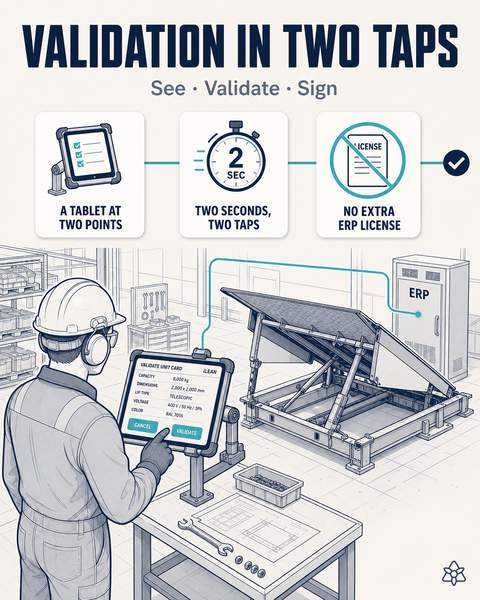 Fitter validating a unit's card with two taps on the industrial tablet