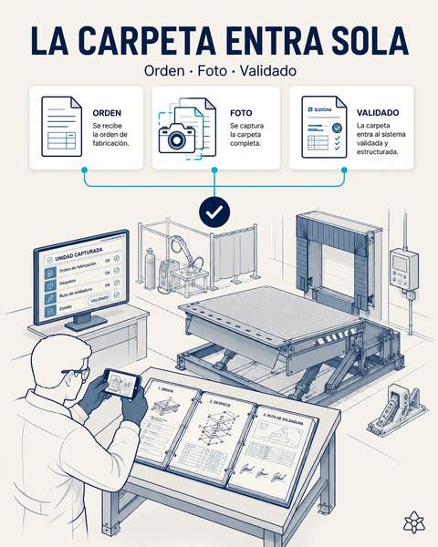 Operario fotografiando la carpeta de fabricación de un nivelador